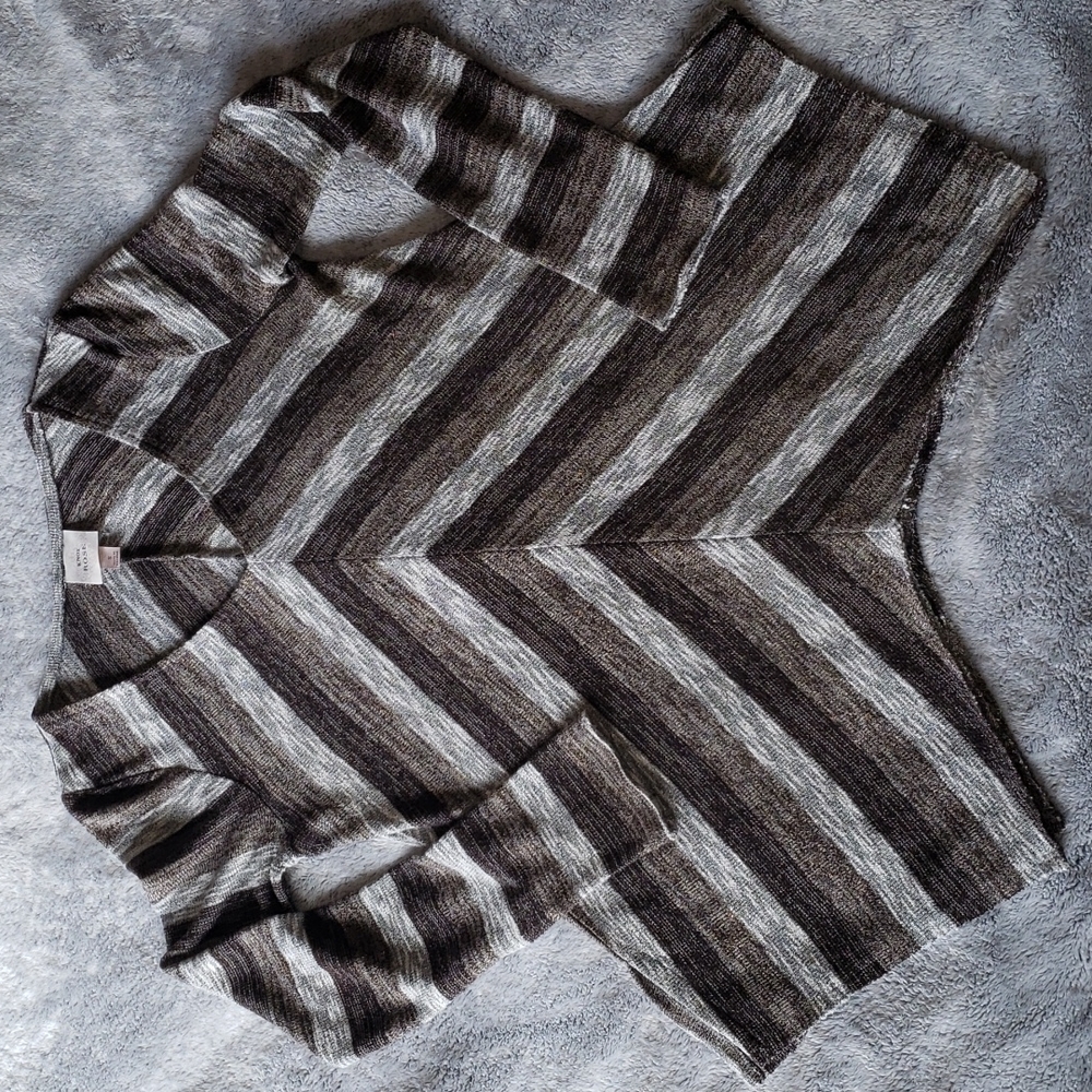 Knox Rose V Neck Sharkbite Hem Pullover Gray Brown Gold Stripe Sweater Small - Picture 1 of 8